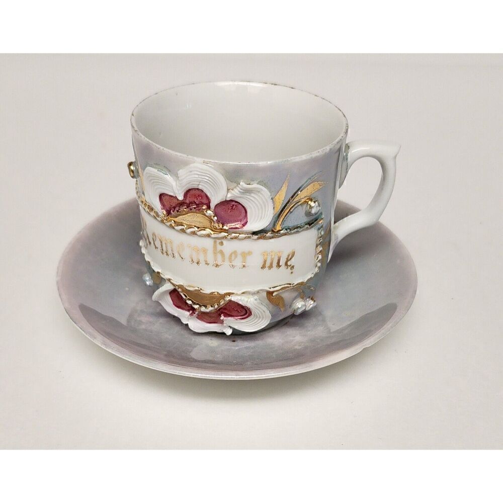 Vintage Germany Porcelain “Remember Me” Friendship Mug Raised Flower